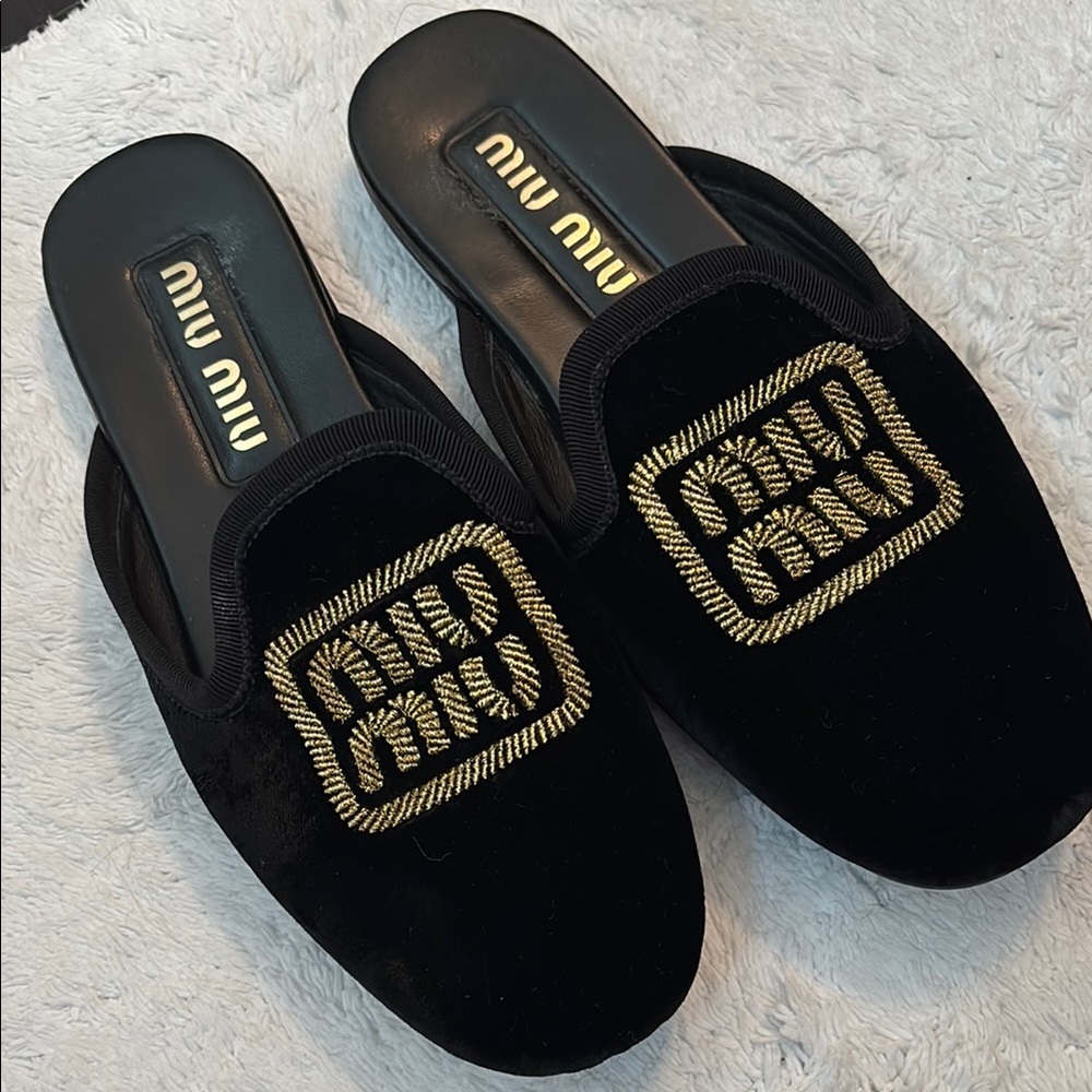 Miu Miu Black Velvet Slippers with Gold Embellishment
